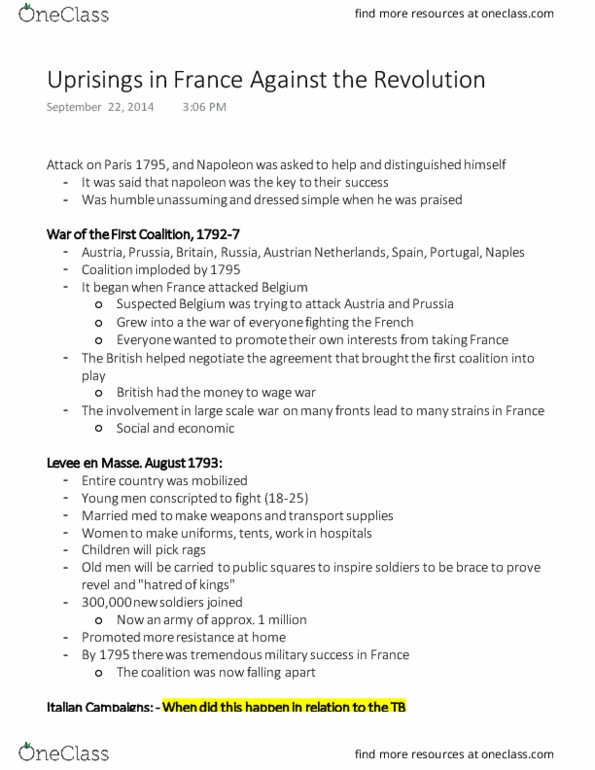 History 1810E Lecture Notes - Lecture 20: French Directory, War Of The First Coalition, Levée En Masse thumbnail