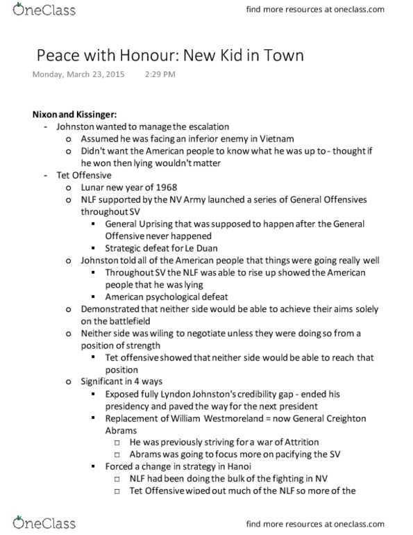 History 1810E Lecture Notes - Lecture 24: Tet Offensive, Creighton Abrams, Lê Đức Thọ thumbnail