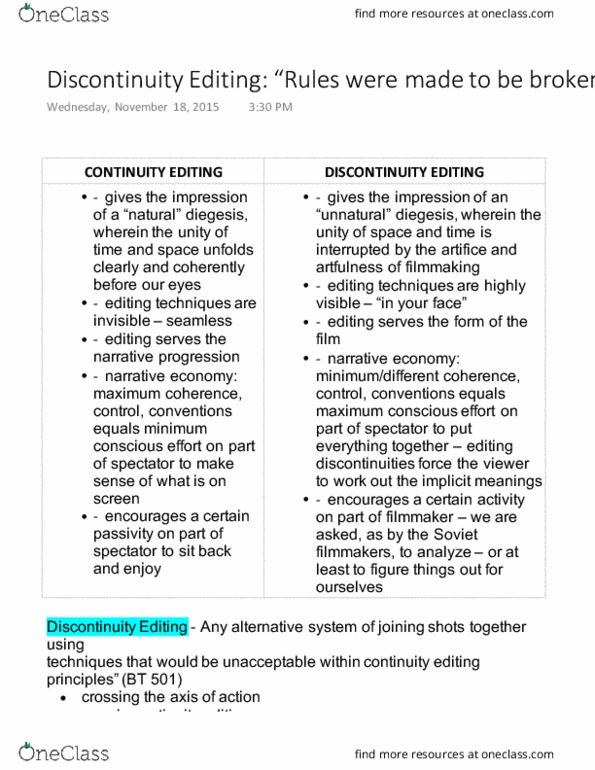Film Studies 1020E Lecture Notes - Lecture 9: Continuity Editing, Leos Carax, Claude Chabrol thumbnail
