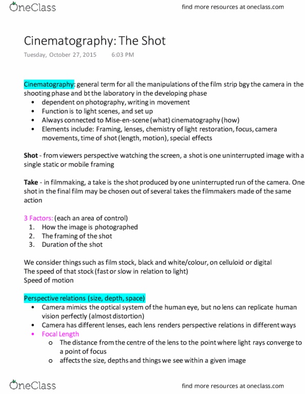 Film Studies 1020E Lecture Notes - Lecture 8: Wide-Angle Lens, Zoom Lens, Mise-En-Scène thumbnail