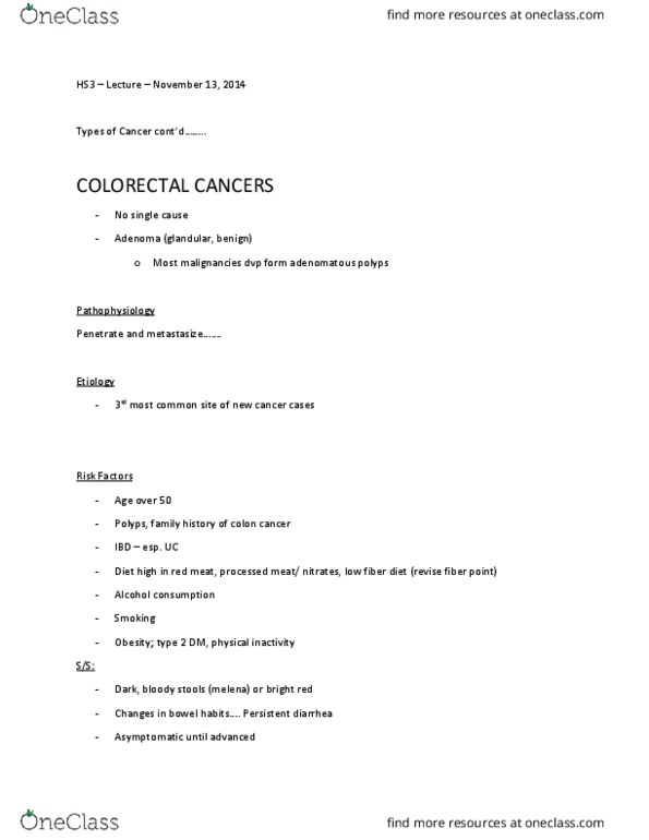 NURSING 3PA2 Lecture Notes - Lecture 12: Squamous Cell Carcinoma, Rectal Examination, Fecal Occult Blood thumbnail