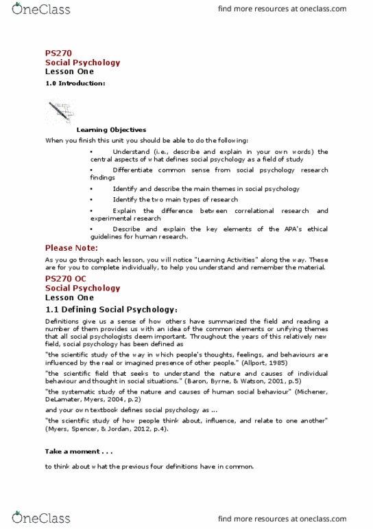 PS270 Lecture Notes - Lecture 1: Social Psychology Network, Canadian Psychological Association, American Psychological Association thumbnail