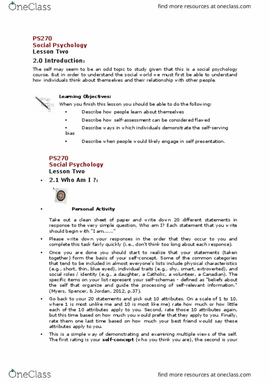 PS270 Lecture Notes - Lecture 3: Roy Baumeister, Social Comparison Theory, Asian Canadians thumbnail