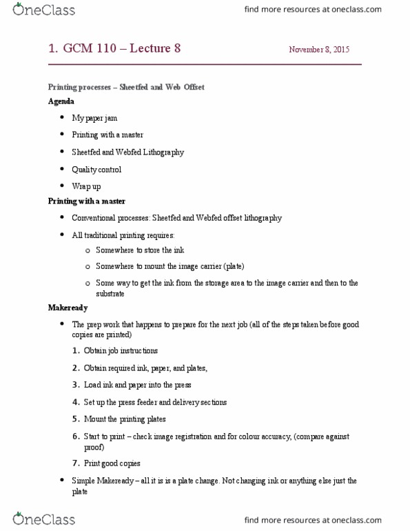 GCM 110 Lecture Notes - Lecture 8: Offset Printing, Lithography, Planographic Printing thumbnail