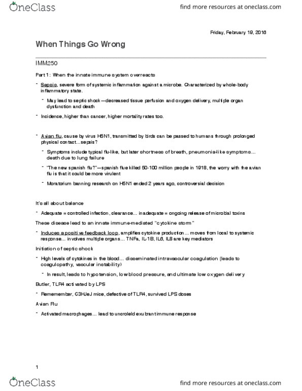 IMM250H1 Lecture Notes - Lecture 8: Disseminated Intravascular Coagulation, Avian Influenza, Innate Immune System thumbnail