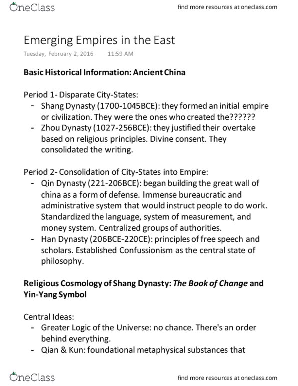 HUM 2210 Lecture Notes - Lecture 4: Shang Dynasty, Qin Dynasty, Taoism thumbnail