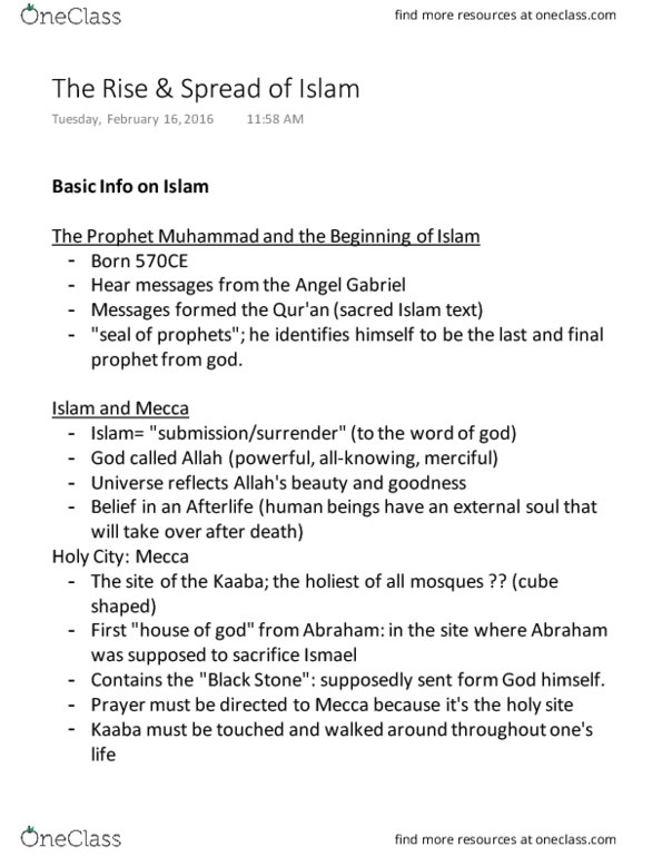 HUM 2210 Lecture Notes - Lecture 6: Kaaba, Chador, Five Pillars Of Islam thumbnail