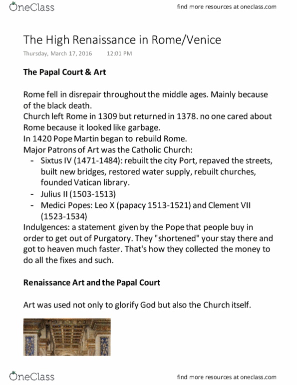 HUM 2210 Lecture 11: Ch. 15 & 16 - The High Renaissance in Rome/Venice thumbnail