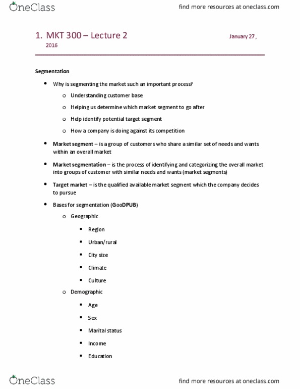 MKT 300 Lecture Notes - Lecture 2: Social Class, Brand Loyalty, Psychographic thumbnail