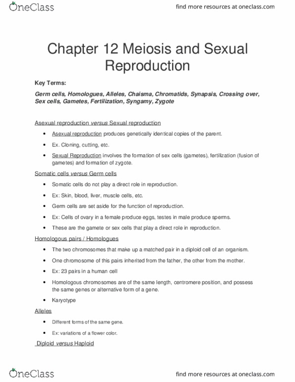 BSC 1005 Lecture Notes - Lecture 13: Sexual Reproduction, Asexual Reproduction, Germ Cell thumbnail