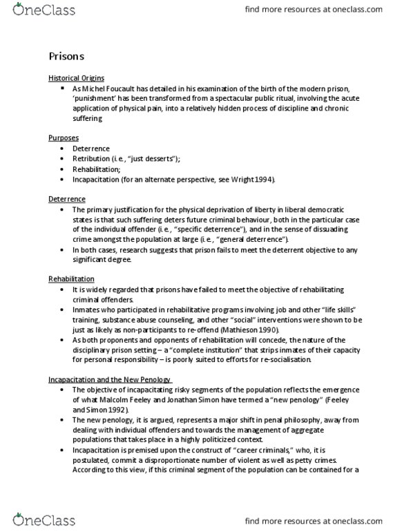 CRM 1300 Lecture Notes - Lecture 15: Michel Foucault, Penology, Profit Motive thumbnail