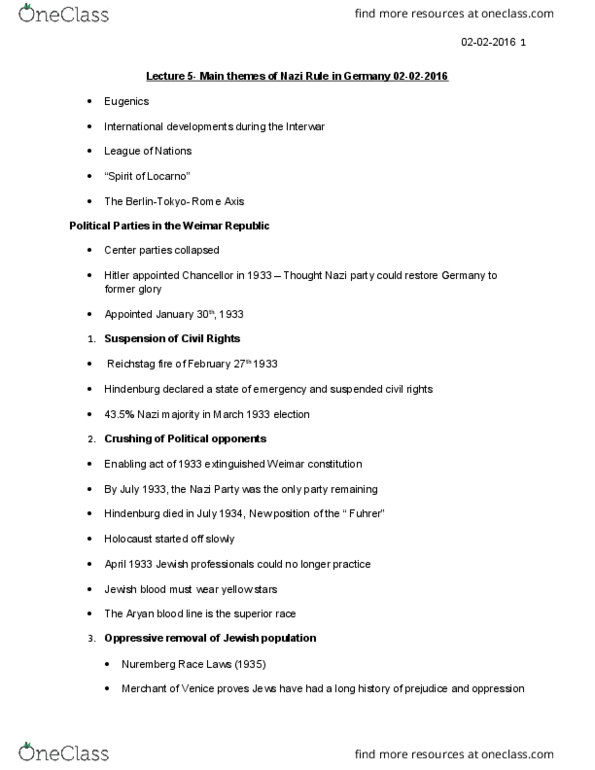 HIS242H5 Lecture Notes - Lecture 5: Nuremberg Laws, Locarno Treaties, Weimar Constitution thumbnail