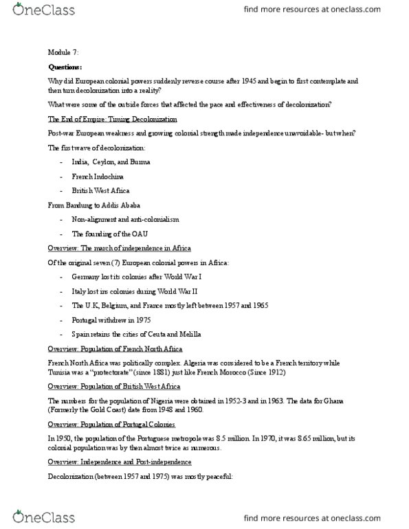 HIS 1101 Lecture Notes - Lecture 7: Kwame Nkrumah, British West Africa, Bandung Conference thumbnail