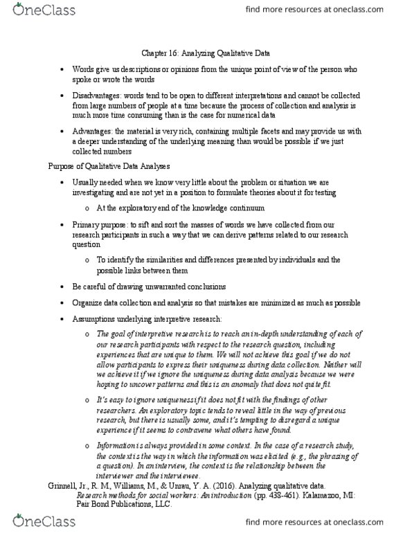 SW 300 Chapter Notes - Chapter 16: Michael Williams (Geographer), Nvivo, Deeper Understanding thumbnail