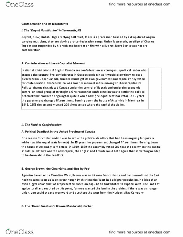 HIST 124 Lecture Notes - Lecture 10: Clear Grits, English Canada, Yarmouth, Nova Scotia thumbnail