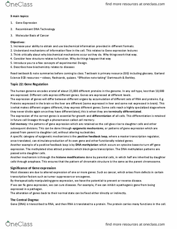 Biochemistry 2280A Lecture Notes - Lecture 22: Cortisol, Histone Deacetylase, Rna Splicing thumbnail