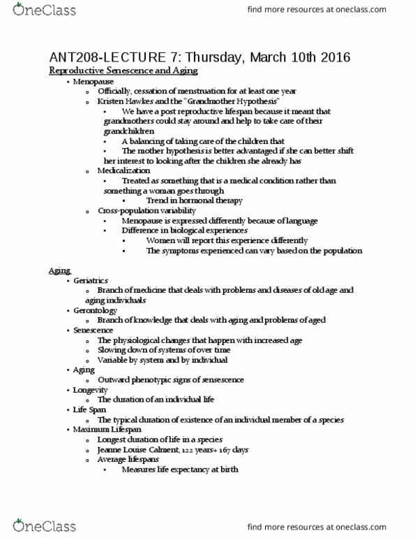 ANT208H1 Lecture Notes - Lecture 7: Dementia, Peter Medawar, Natural Selection thumbnail