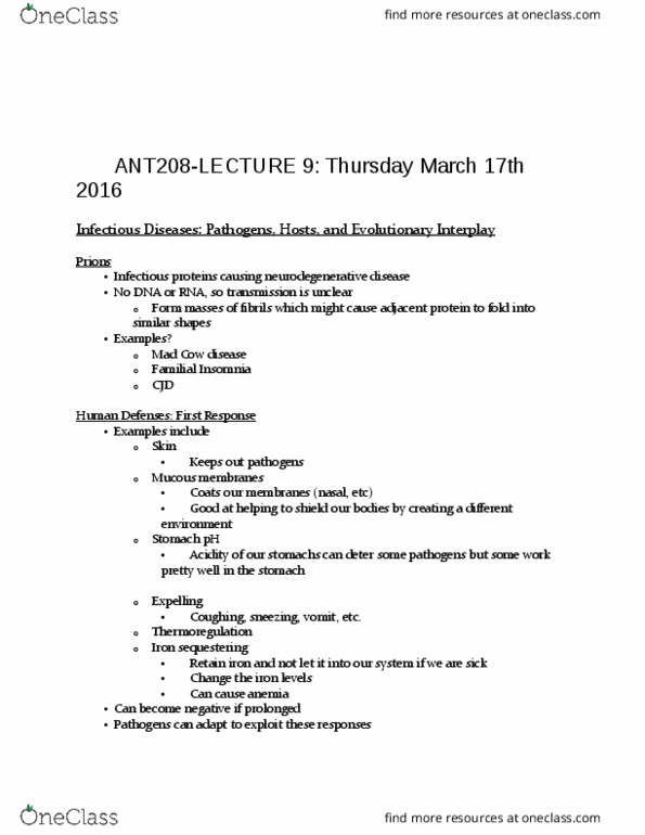 ANT208H1 Lecture Notes - Lecture 9: Epidemiological Transition, Hygiene Hypothesis, Antigenic Shift thumbnail