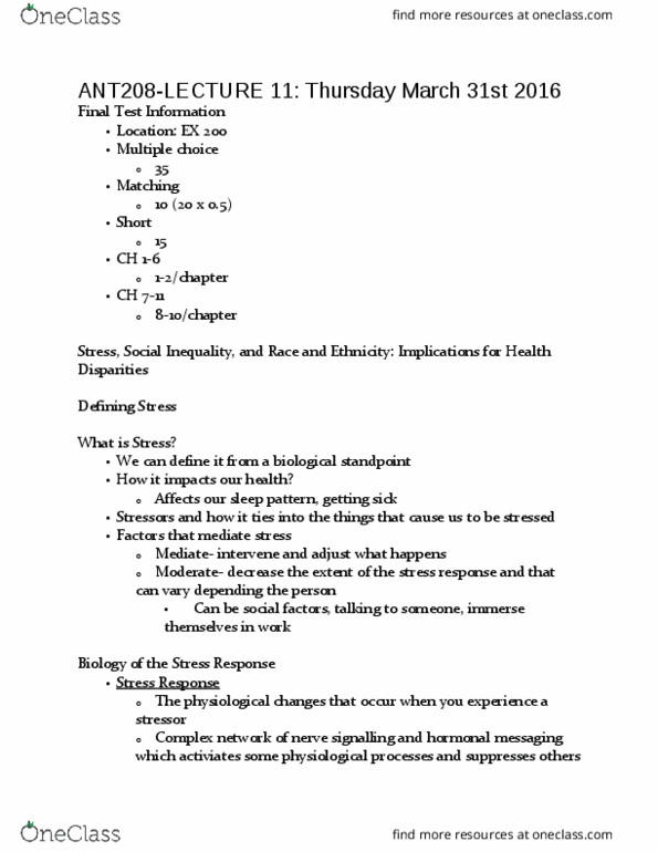 ANT208H1 Lecture Notes - Lecture 11: Whitehall Study, Genetic Predisposition, Group Cohesiveness thumbnail