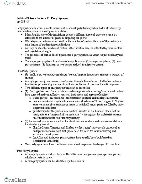 Political Science 1020E Chapter Notes - Chapter 10: Party Sytems: Dealignment, Peace Movement, Party System thumbnail