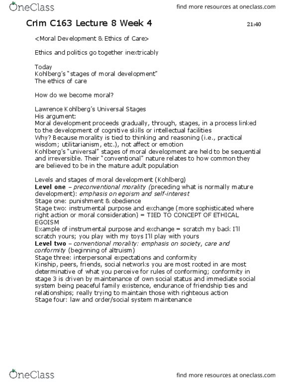 CRM/LAW C163 Lecture Notes - Lecture 8: Lawrence Kohlberg'S Stages Of Moral Development, Moral Development, Group Dynamics thumbnail