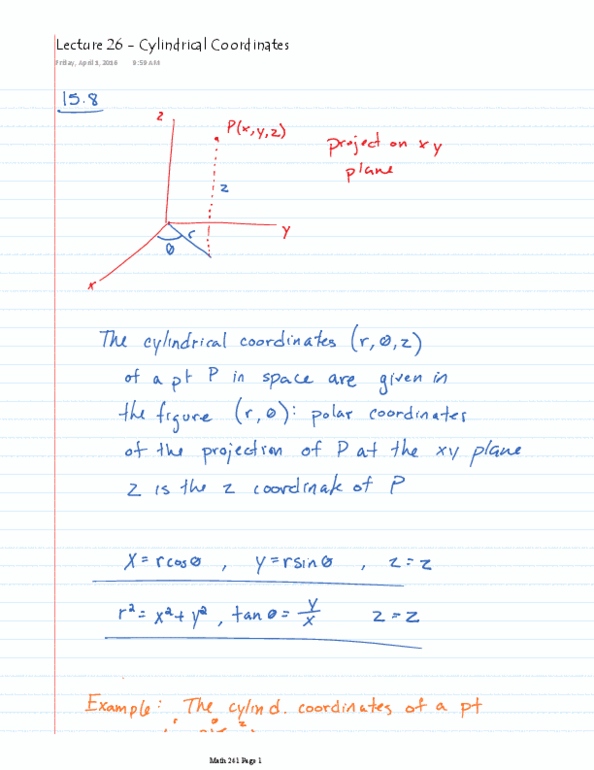 MATH 241 Lecture 26: Lecture 26 - Cylindrical Coordinates thumbnail
