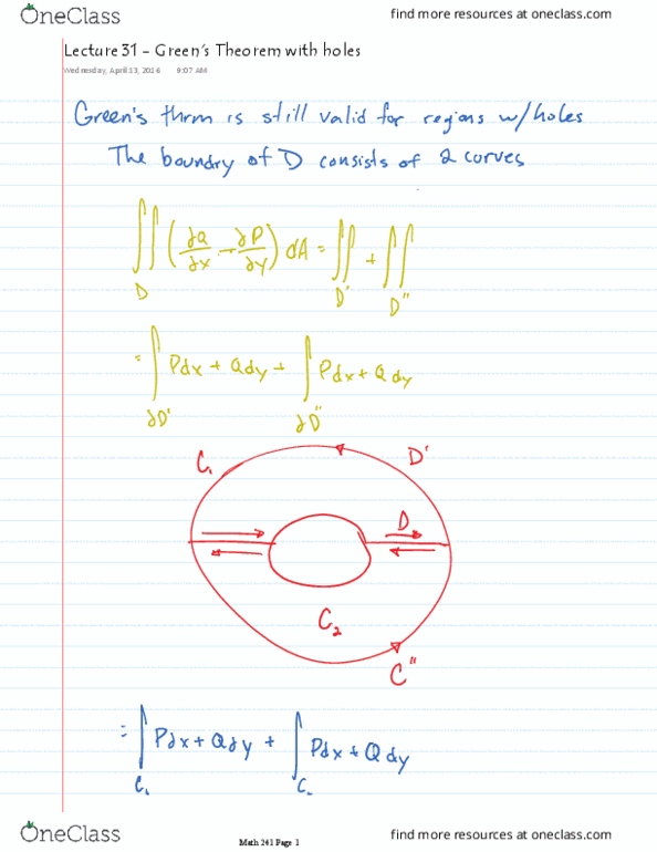 MATH 241 Lecture 31: Lecture 31 - Green's Theorem with holes thumbnail