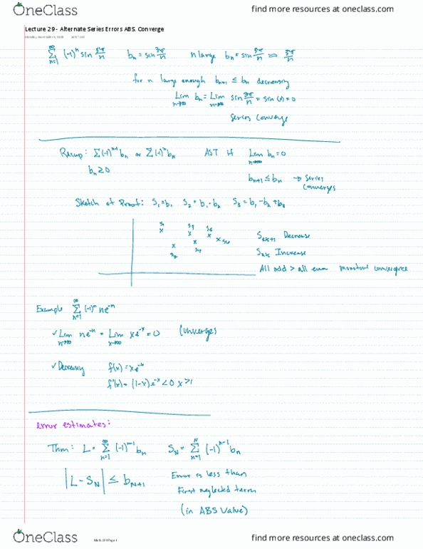 MATH 231 Lecture 29: Lecture 29 - Alternate Series Errors ABS. Converge thumbnail