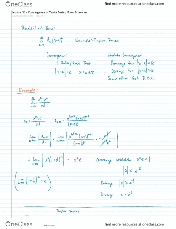 MATH 231 Lecture 31: Lecture 31 - Convergence of Taylor Series, Error Estimates thumbnail