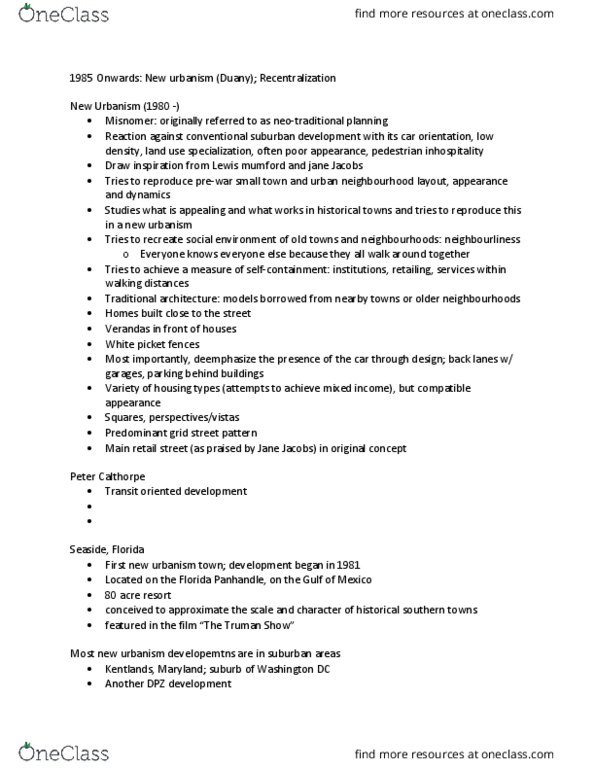 PLAN100 Lecture Notes - Lecture 4: Florida Panhandle, Kentlands, Gaithersburg, Maryland, Transit-Oriented Development thumbnail