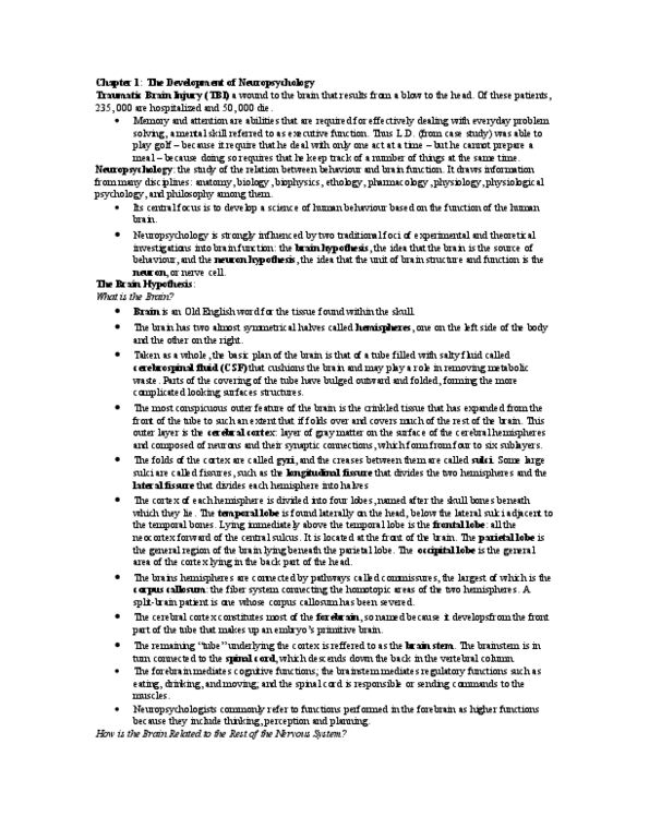 PSY318H5 Chapter Notes - Chapter 1: Central Nervous System, Traumatic Brain Injury, Temporal Lobe thumbnail