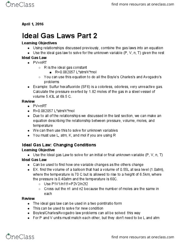 CHEM 1B Lecture Notes - Lecture 3: Molar Mass, Molar Volume, Ideal Gas Law thumbnail