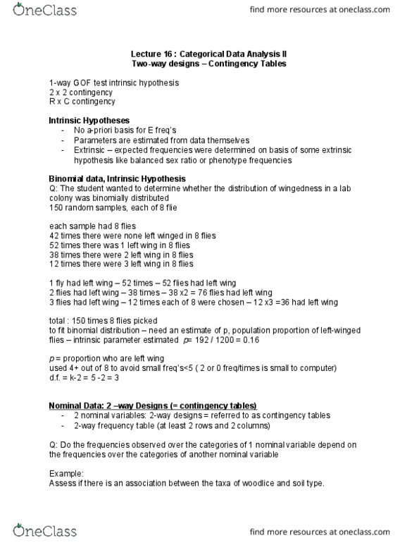 BIOL361 Lecture Notes - Lecture 16: Sample Size Determination, Continuity Correction, Contingency Table thumbnail