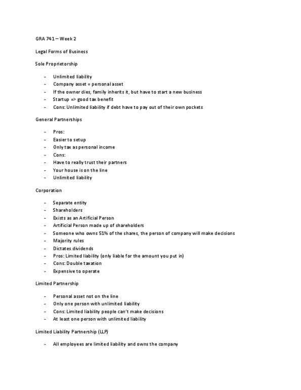 GRA 741 Lecture Notes - Lecture 2: Limited Liability Partnership, Sole Proprietorship, Double Taxation thumbnail