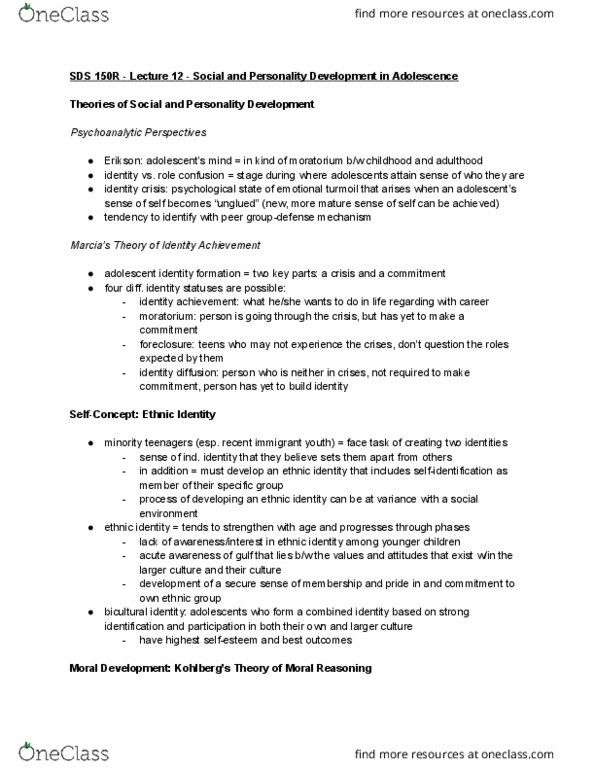 SDS150R Lecture Notes - Lecture 12: Egocentrism, Parenting Styles, Stepfamily thumbnail