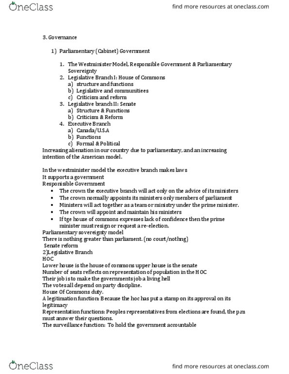 SOSC 1200 Lecture Notes - Lecture 3: Parliamentary Sovereignty, Lower House, Responsible Government thumbnail