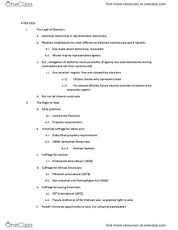 POSC 225 Lecture Notes - Lecture 6: Voting Age, Jacksonian Democracy, Fifteenth Amendment To The United States Constitution thumbnail