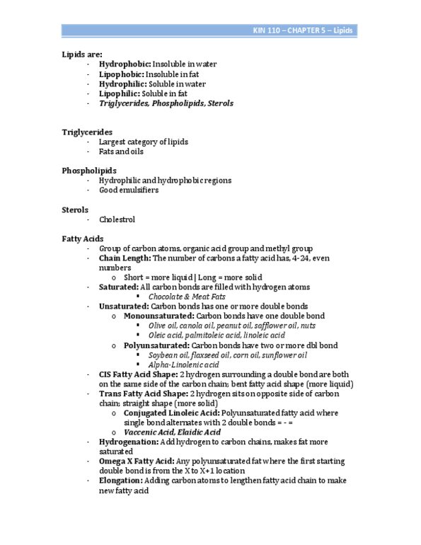 BPK 110 Chapter Notes - Chapter 5: Polyunsaturated Fatty Acid, Polyunsaturated Fat, Safflower thumbnail