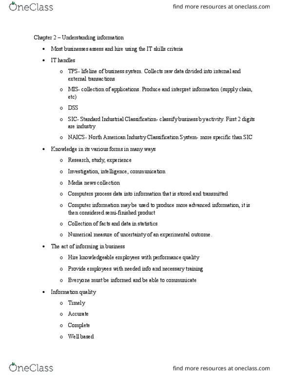 CGS 2100C Lecture Notes - Lecture 2: Ebcdic, Information Quality, North American Industry Classification System thumbnail