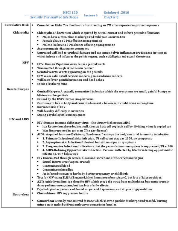 HSCI 120 Lecture Notes - Aids, Genital Wart, Pelvic Inflammatory Disease thumbnail