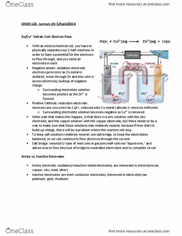 CHEM 120 Lecture Notes - Lecture 25: Standard Hydrogen Electrode, Electrical Energy, Standard Electrode Potential thumbnail