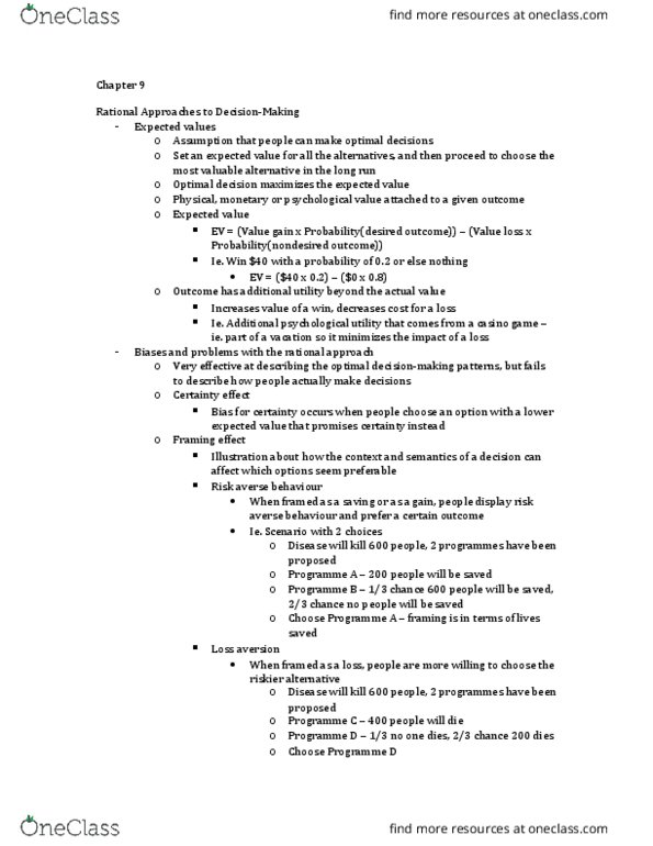 Psychology 3130A/B Chapter Notes - Chapter 9: Satisficing, Risotto, Diminishing Returns thumbnail