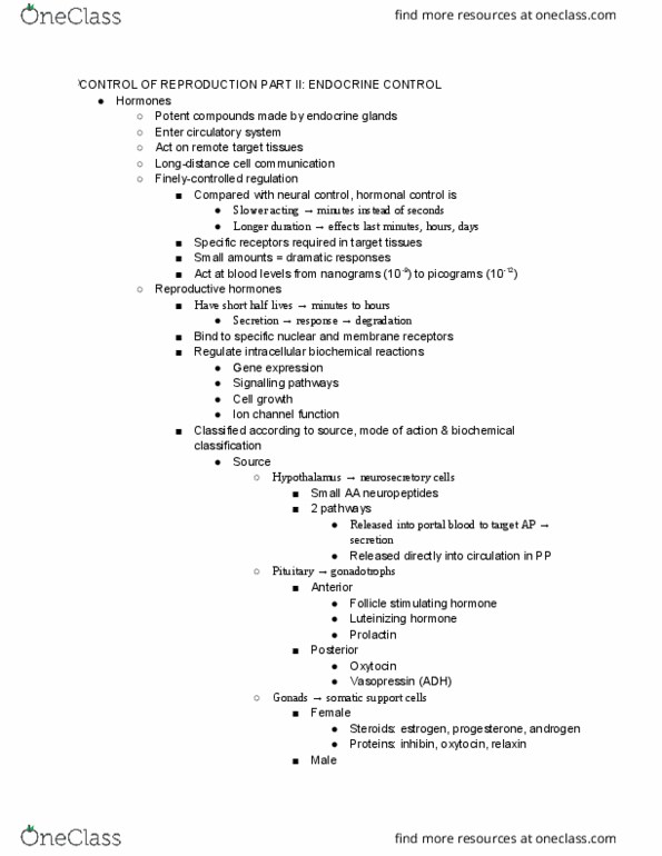 11:067:327 Lecture Notes - Lecture 8: Ovulation, Reproductive System, Gonadotropin thumbnail