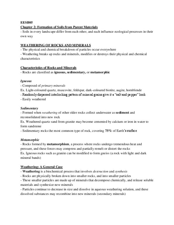 EESB05H3 Chapter Notes - Chapter 2: Parent Material, Weathering, Soil Horizon thumbnail