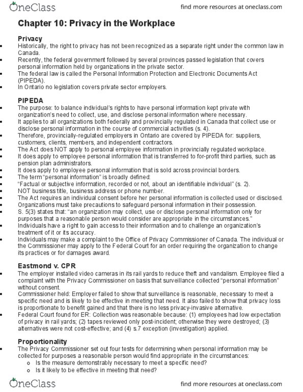 LAW 529 Chapter Notes - Chapter 10: Personal Information Protection And Electronic Documents Act, Material Issue, Pension thumbnail