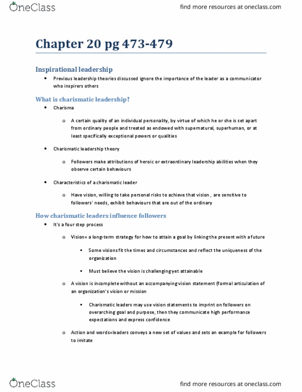 HROB 2100 Chapter Notes - Chapter 20: Transactional Leadership, Fiedler Contingency Model, Transformational Leadership thumbnail