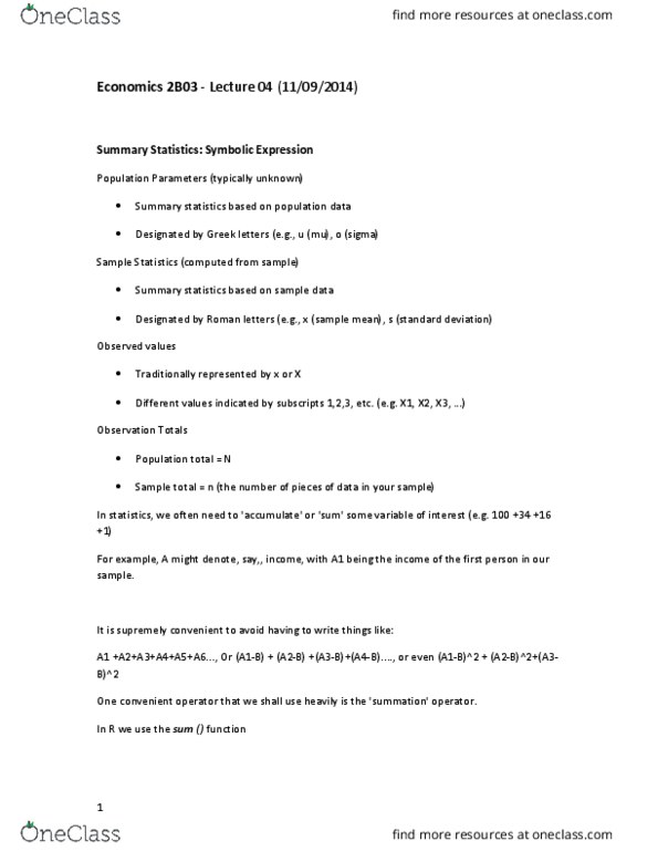 ECON 2B03 Lecture Notes - Lecture 4: Order Statistic, Frequency Distribution, Summary Statistics thumbnail