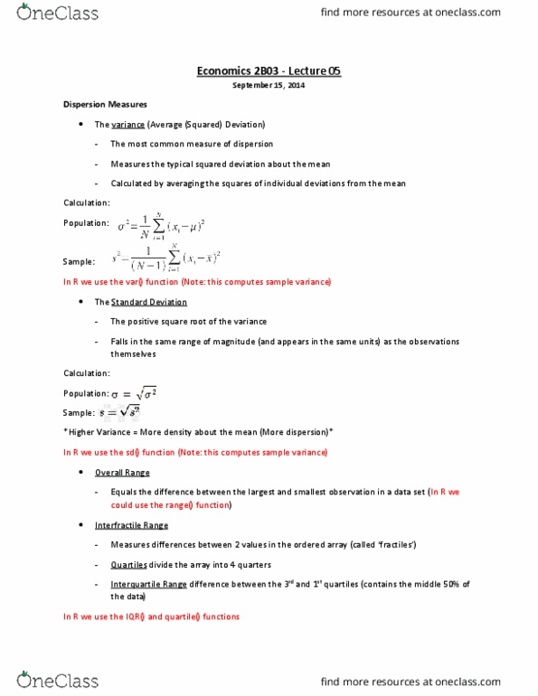 ECON 2B03 Lecture Notes - Lecture 5: Descriptive Statistics, Kurtosis, Interquartile Range thumbnail