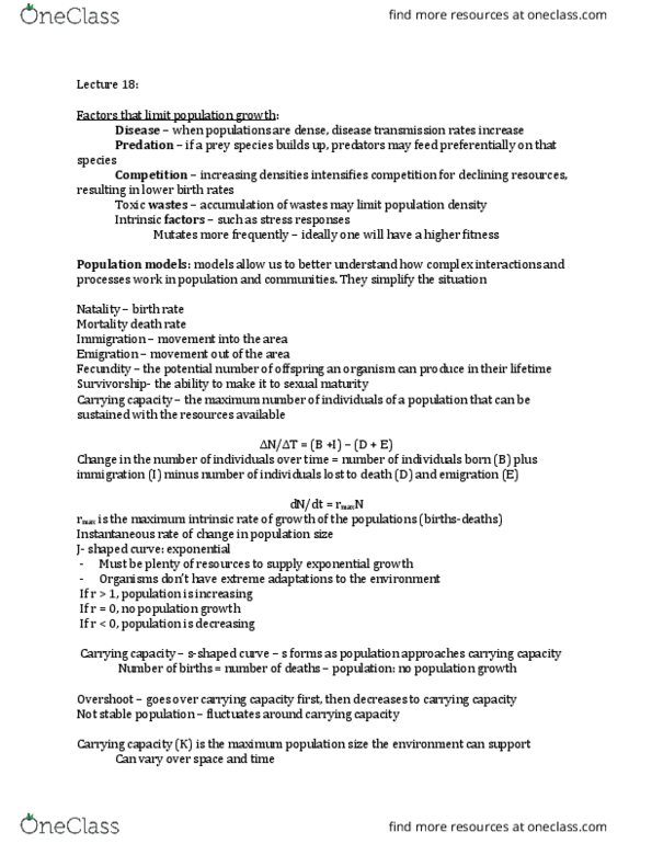 BIOLOGY 197FH Lecture Notes - Lecture 18: Exponential Growth, Fecundity, Carrying Capacity thumbnail