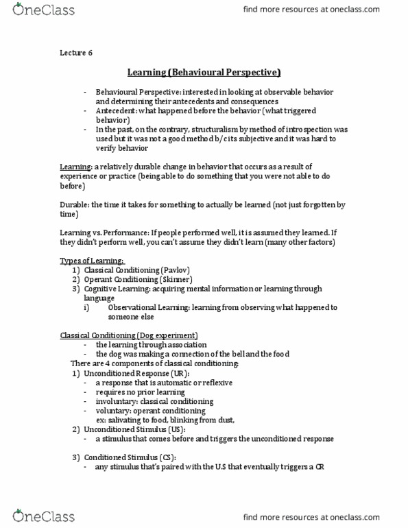 PSY 102 Lecture Notes - Lecture 6: Classical Conditioning, Observational Learning, Operant Conditioning thumbnail